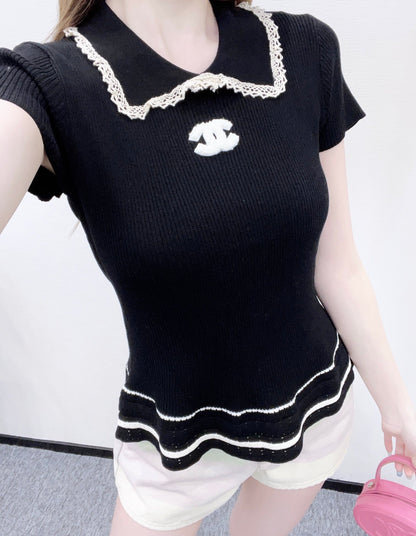2025 Early Autumn New Arrivals Hollow Lace Knitted Short Sleeves