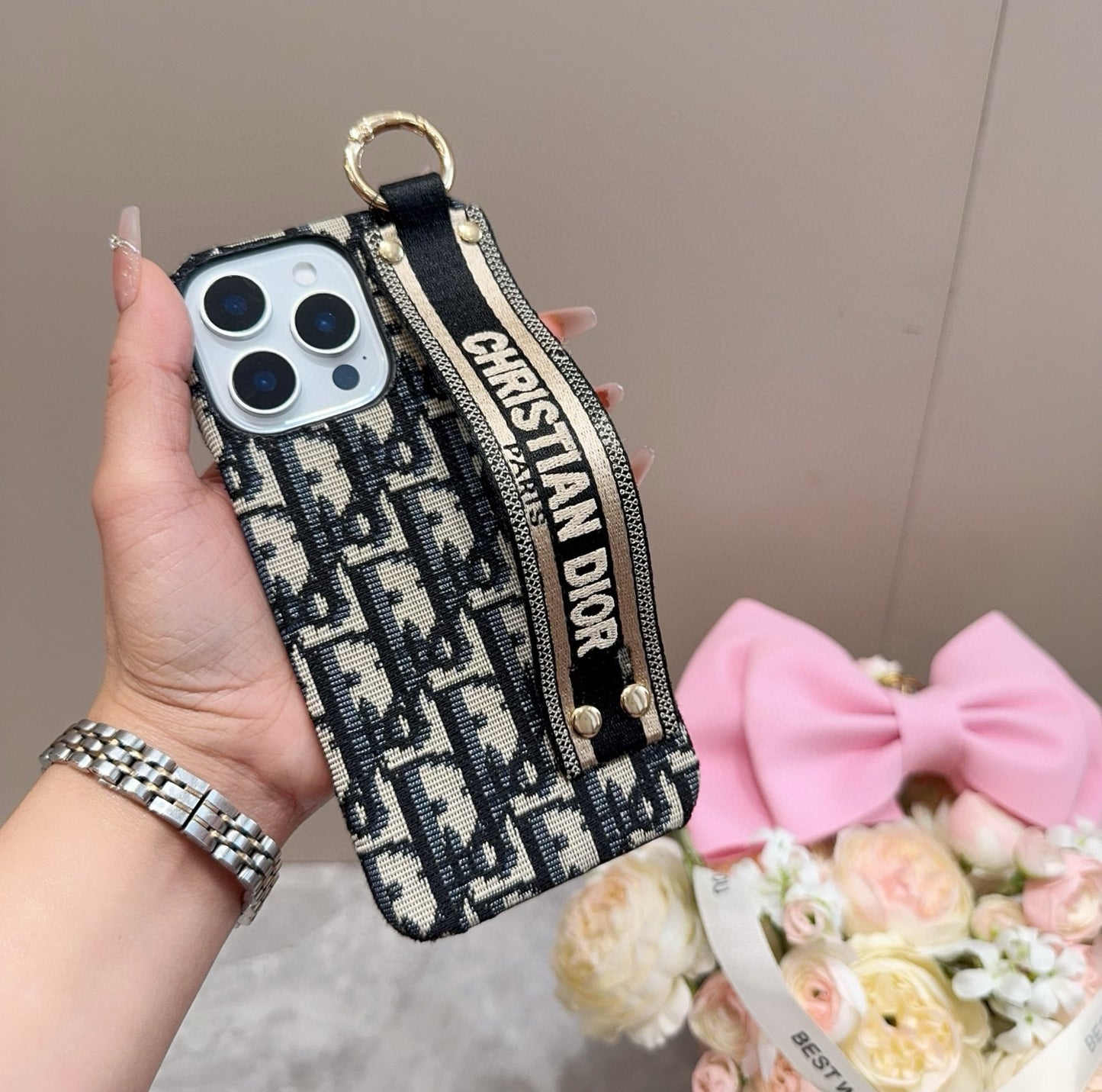 Embroidered fabric wrist/card holder phone case