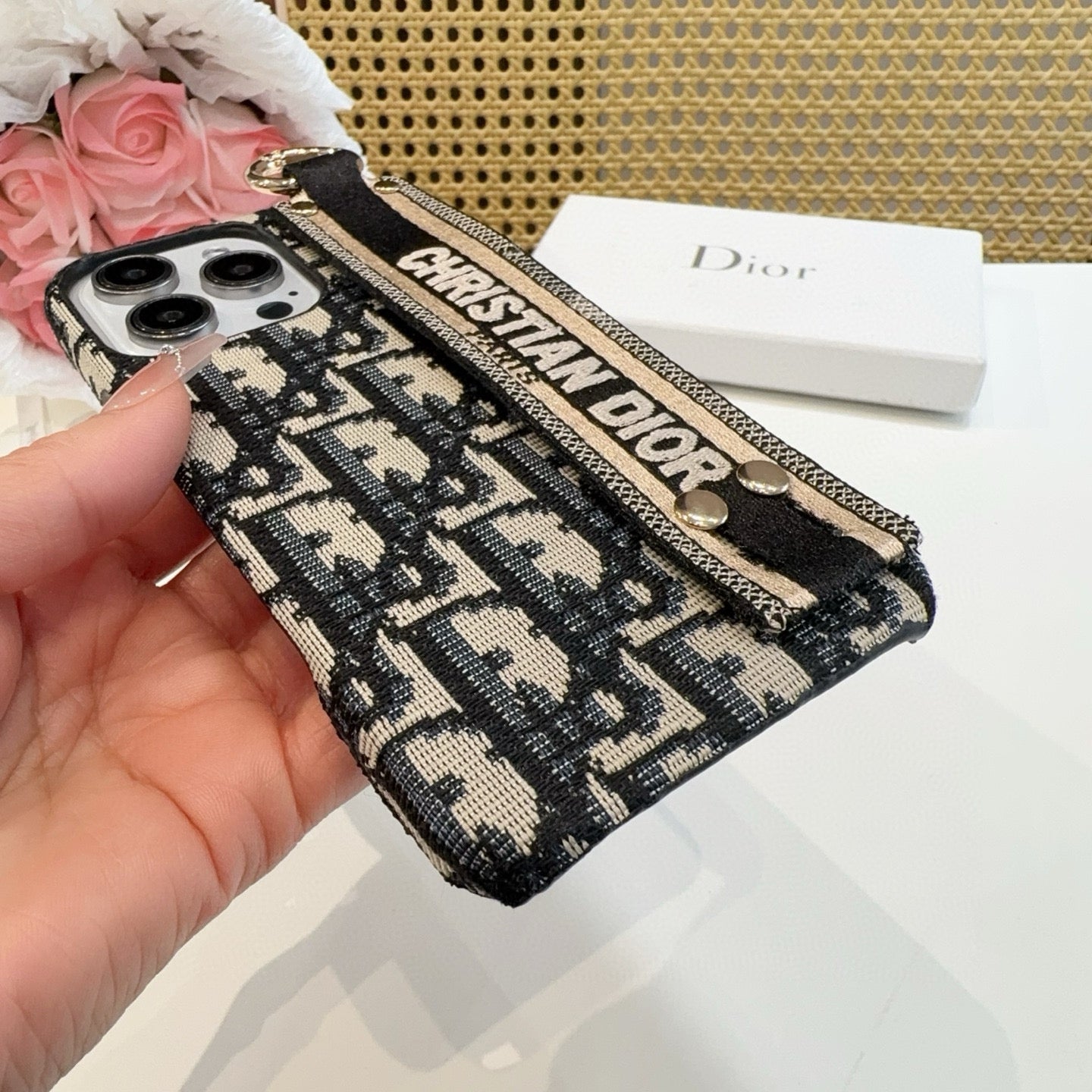 Embroidered fabric wrist/card holder phone case