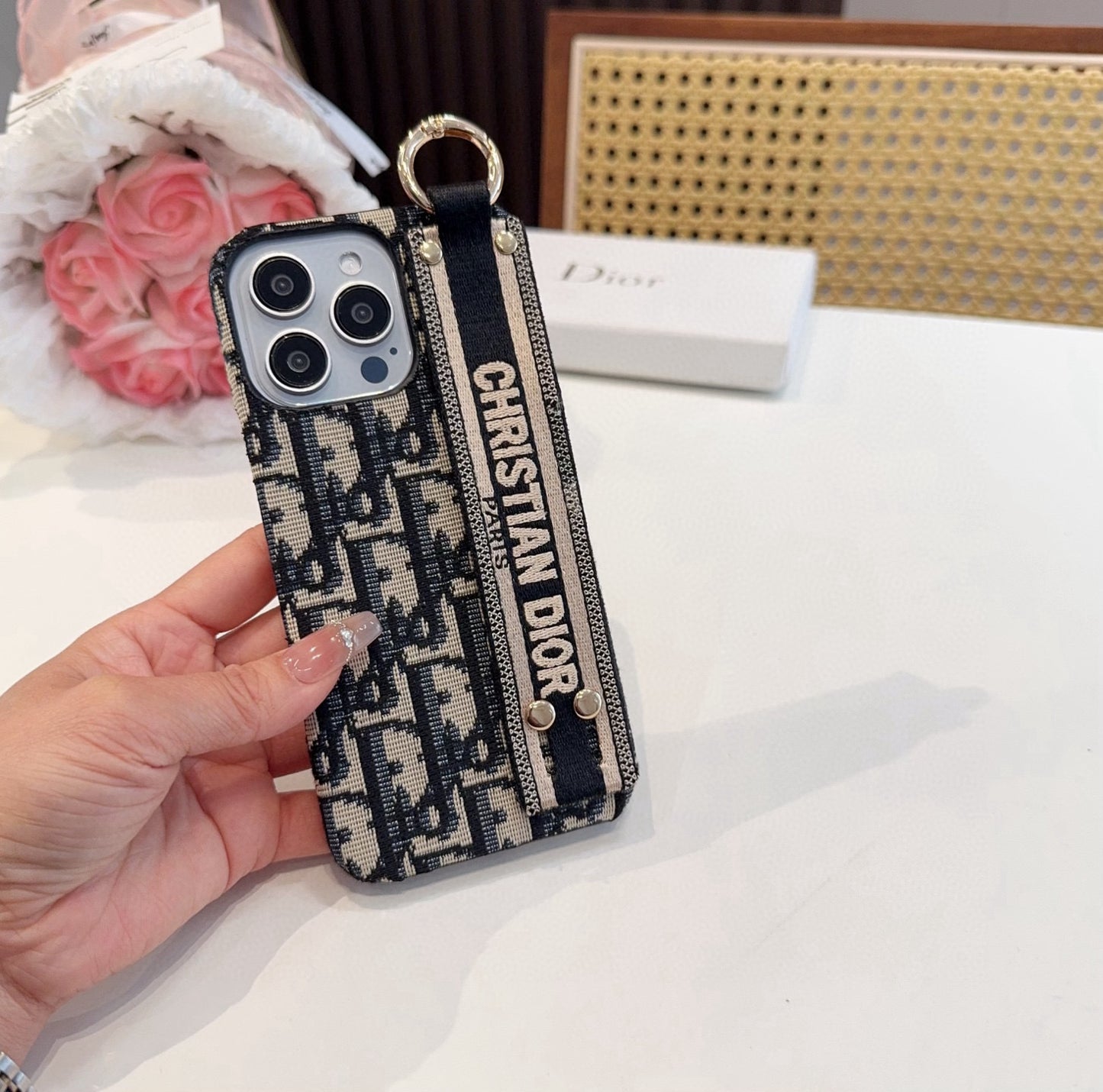 Embroidered fabric wrist/card holder phone case