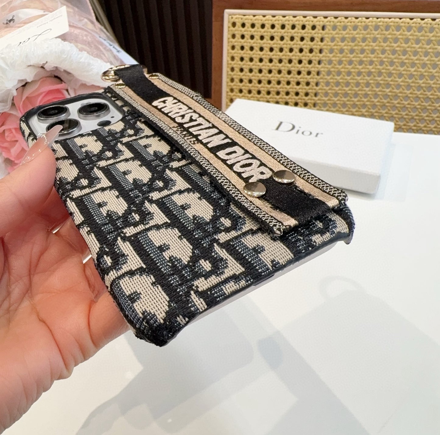 Embroidered fabric wrist/card holder phone case