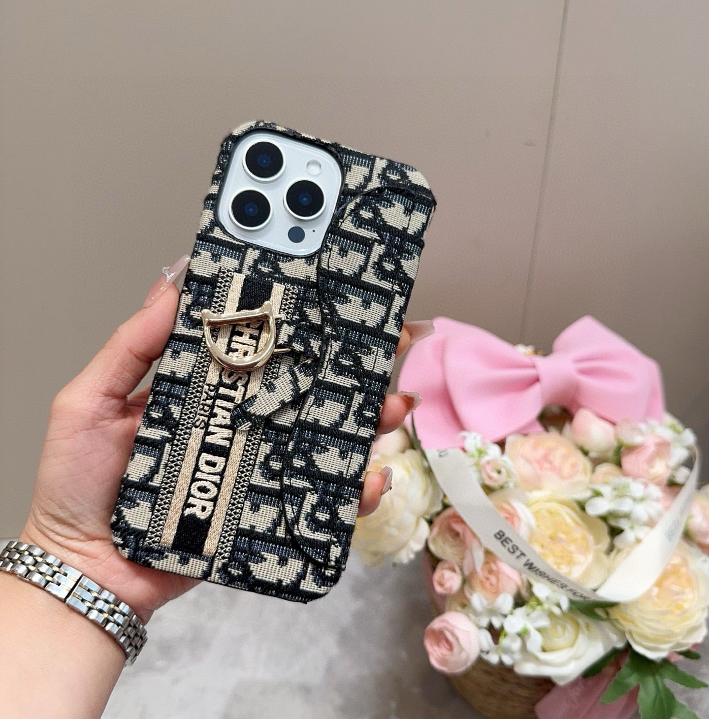 Embroidered fabric wrist/card holder phone case