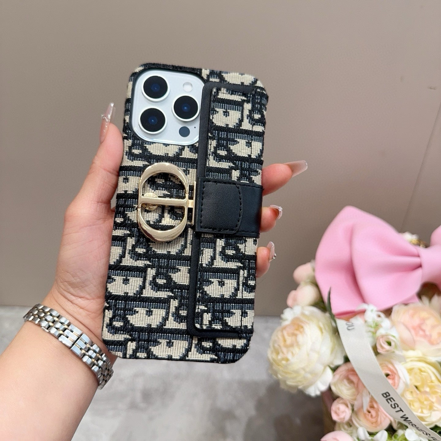 Embroidered fabric wrist/card holder phone case