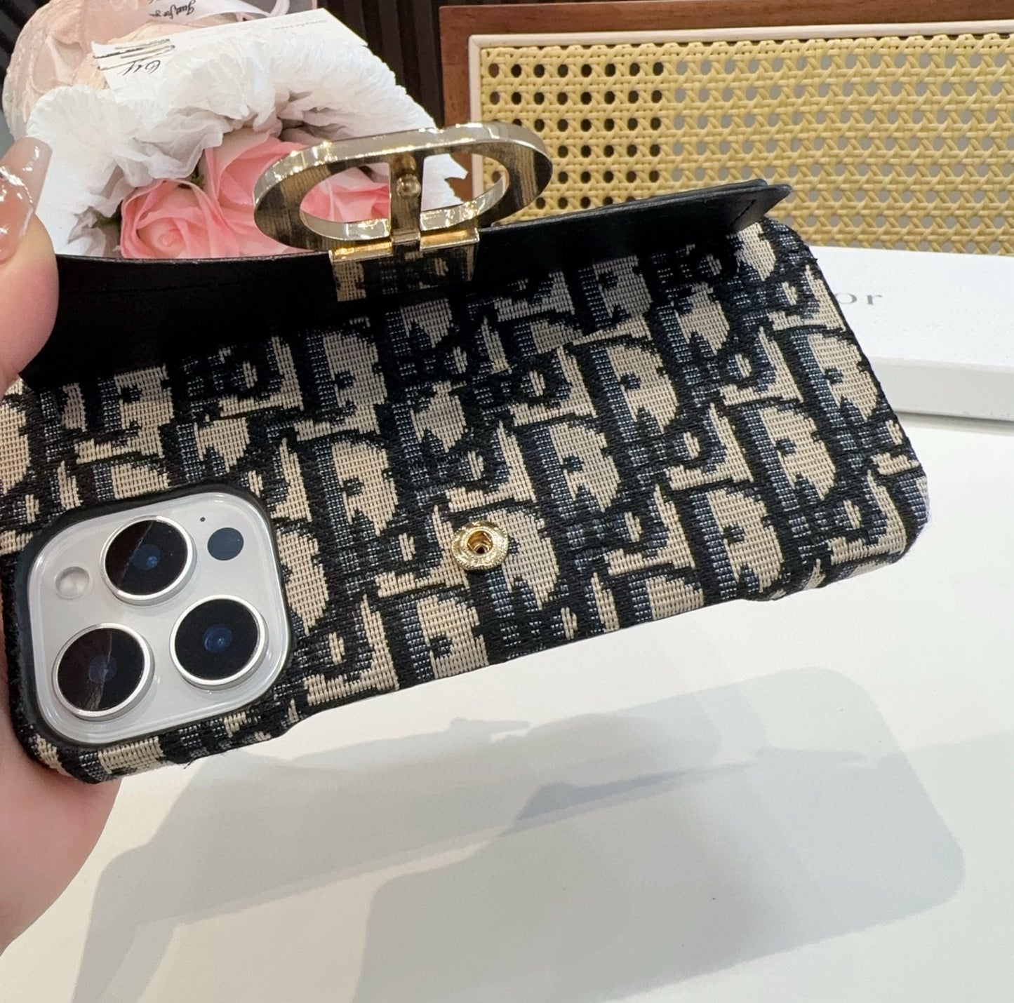 Embroidered fabric wrist/card holder phone case