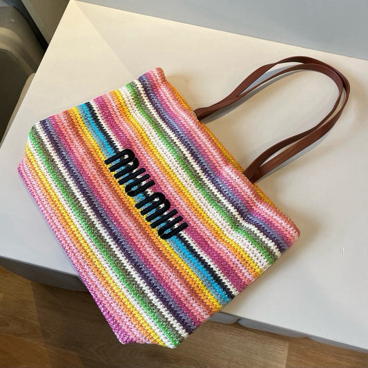 Straw striped patchwork shoulder crossbody tote bag