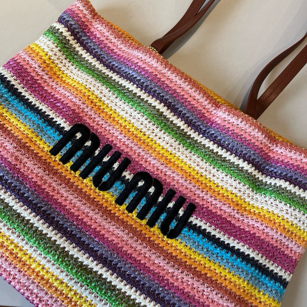 Straw striped patchwork shoulder crossbody tote bag