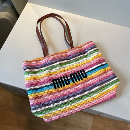 Straw striped patchwork shoulder crossbody tote bag