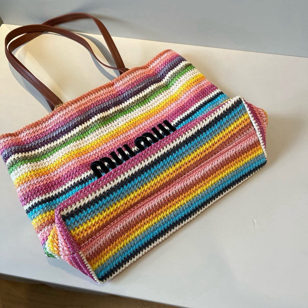 Straw striped patchwork shoulder crossbody tote bag