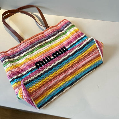 Straw striped patchwork shoulder crossbody tote bag