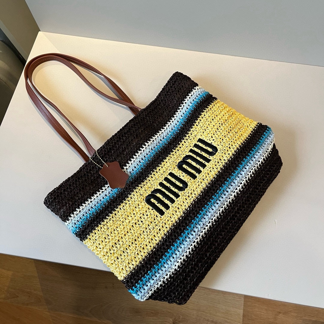 Straw striped patchwork shoulder crossbody tote bag