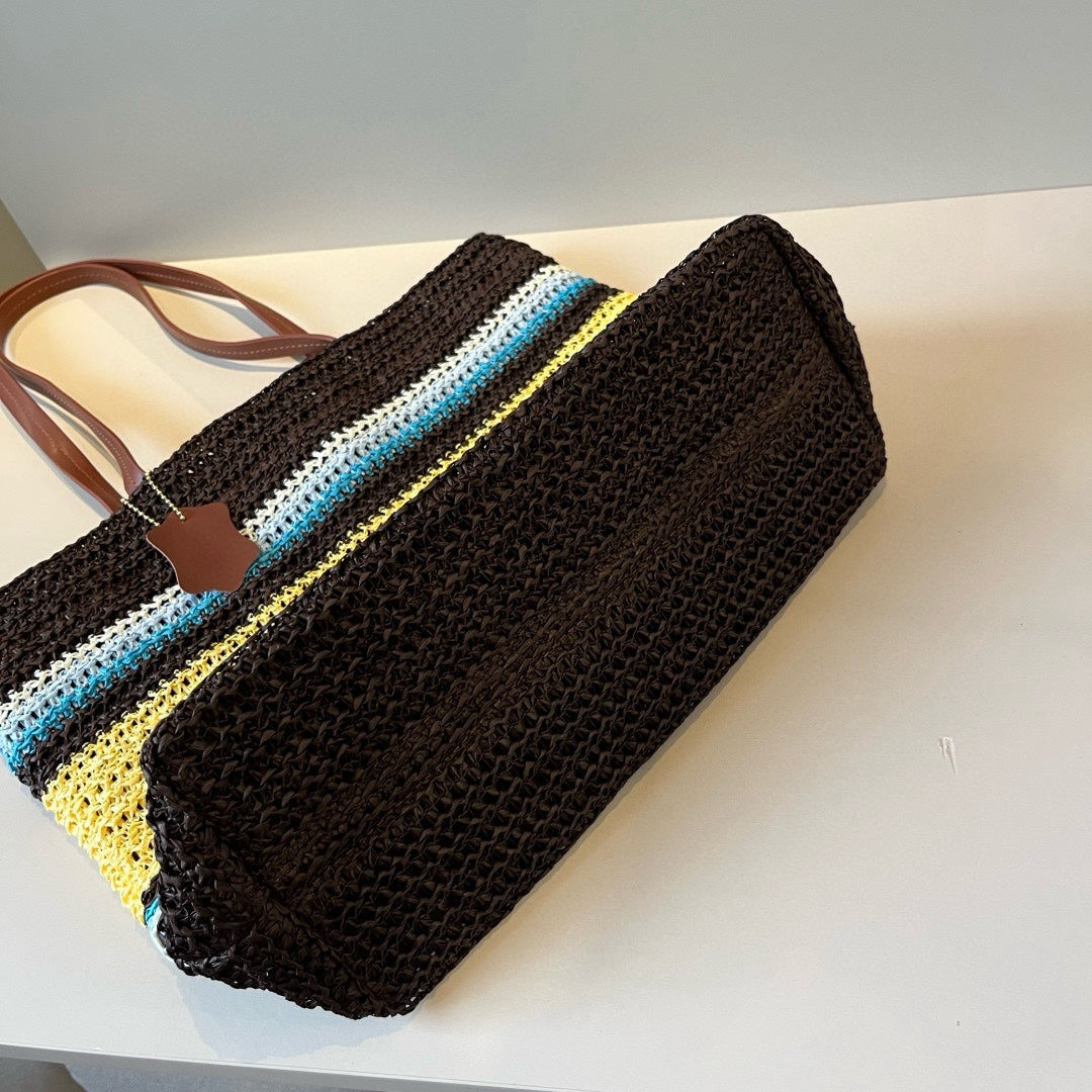 Straw striped patchwork shoulder crossbody tote bag