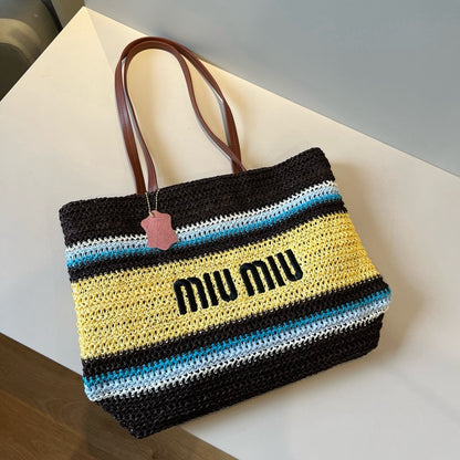 Straw striped patchwork shoulder crossbody tote bag