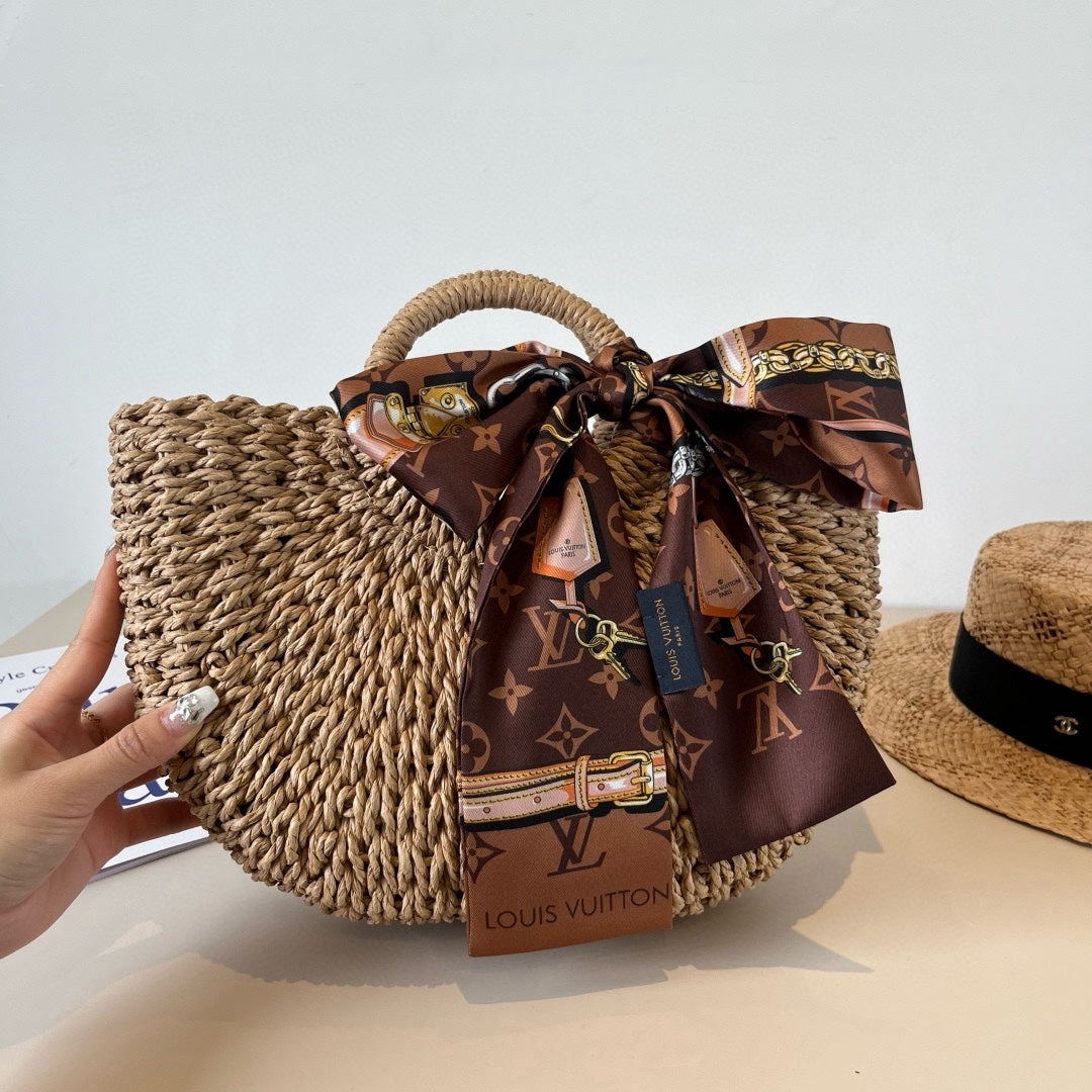 25 nouveaux sacs d'été en paille avec foulards en soie