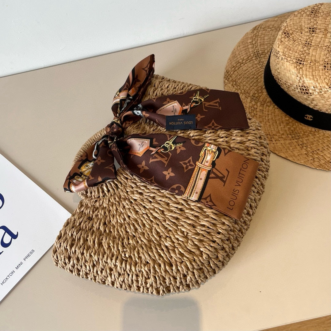 25 nouveaux sacs d'été en paille avec foulards en soie