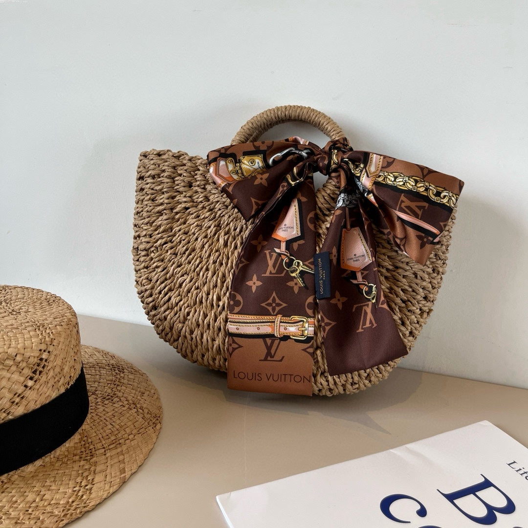 25 nouveaux sacs d'été en paille avec foulards en soie