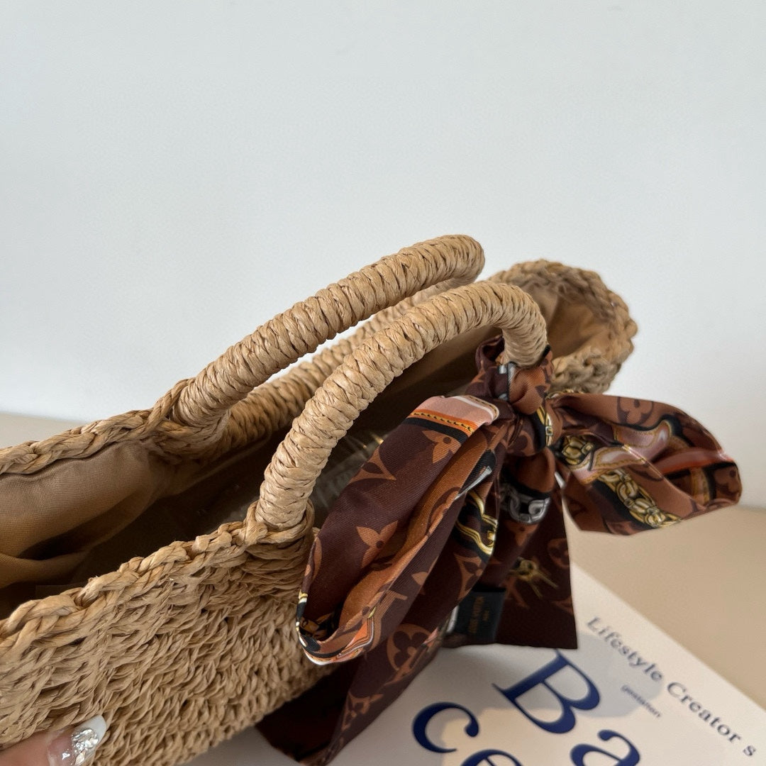 25 nouveaux sacs d'été en paille avec foulards en soie