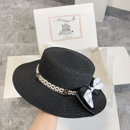 2025 new bow flat hat straw hat