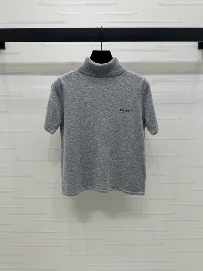 2025 early autumn new high collar knitted short sleeves