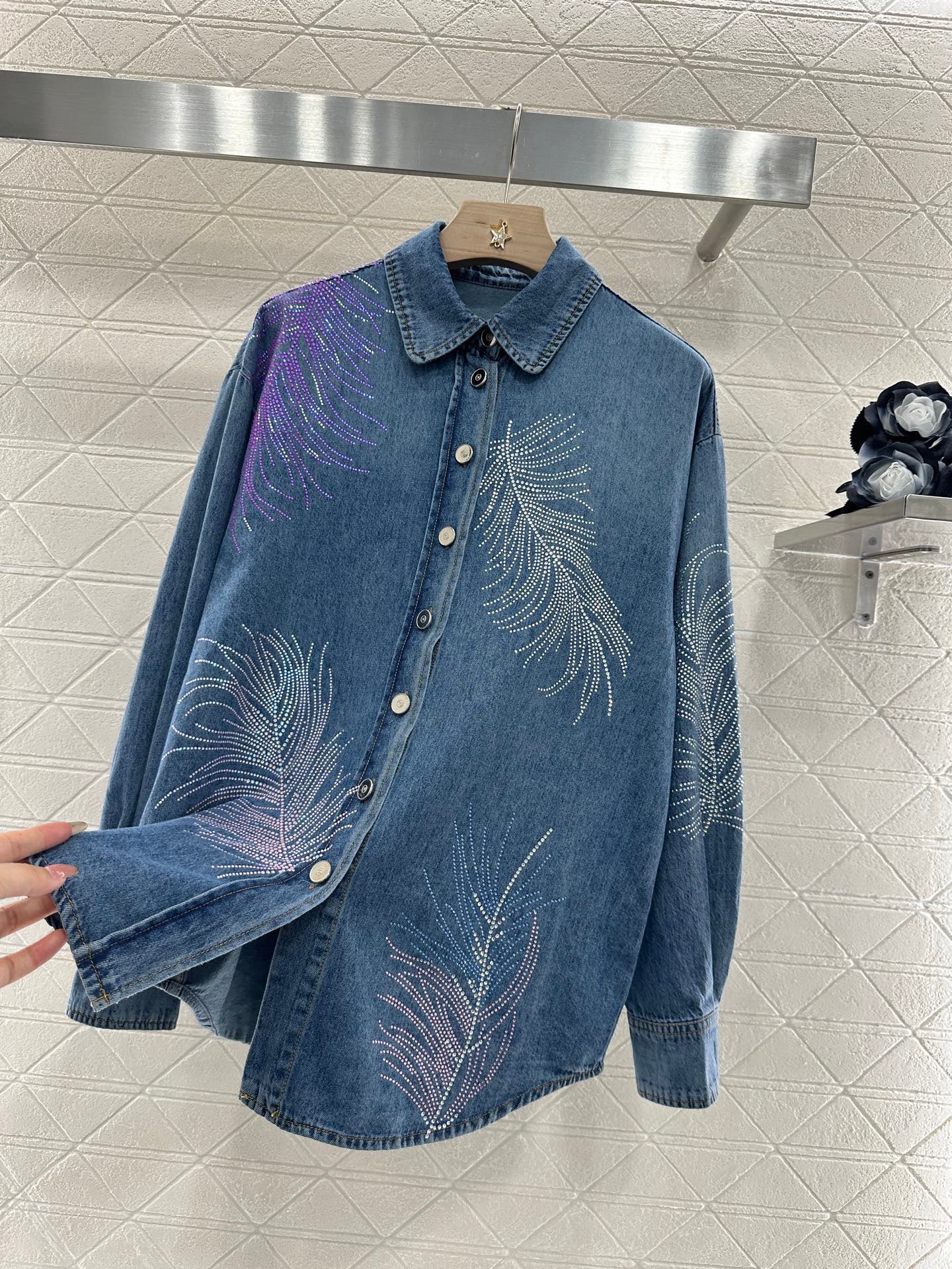 C 25 Feather Rhinestone Denim
