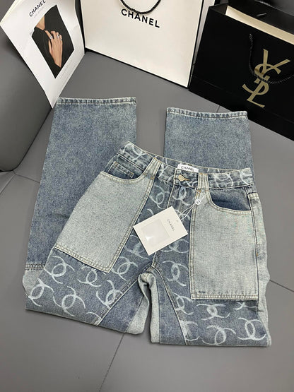 C 24 Light grey all-over print paneled denim trousers