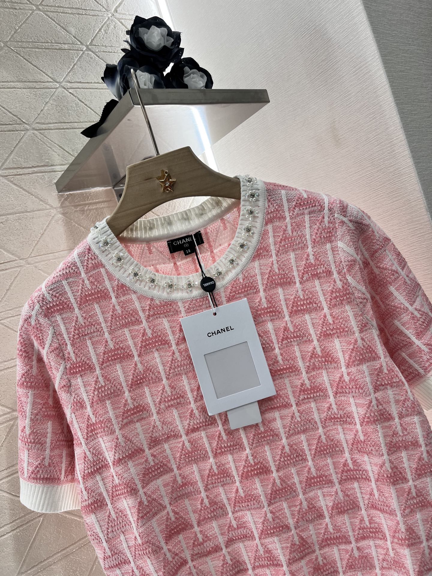 C 25 Rhinestone Neckline Crochet pink Knit Short Sleeve