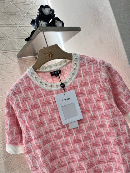 C 25 Rhinestone Neckline Crochet pink Knit Short Sleeve