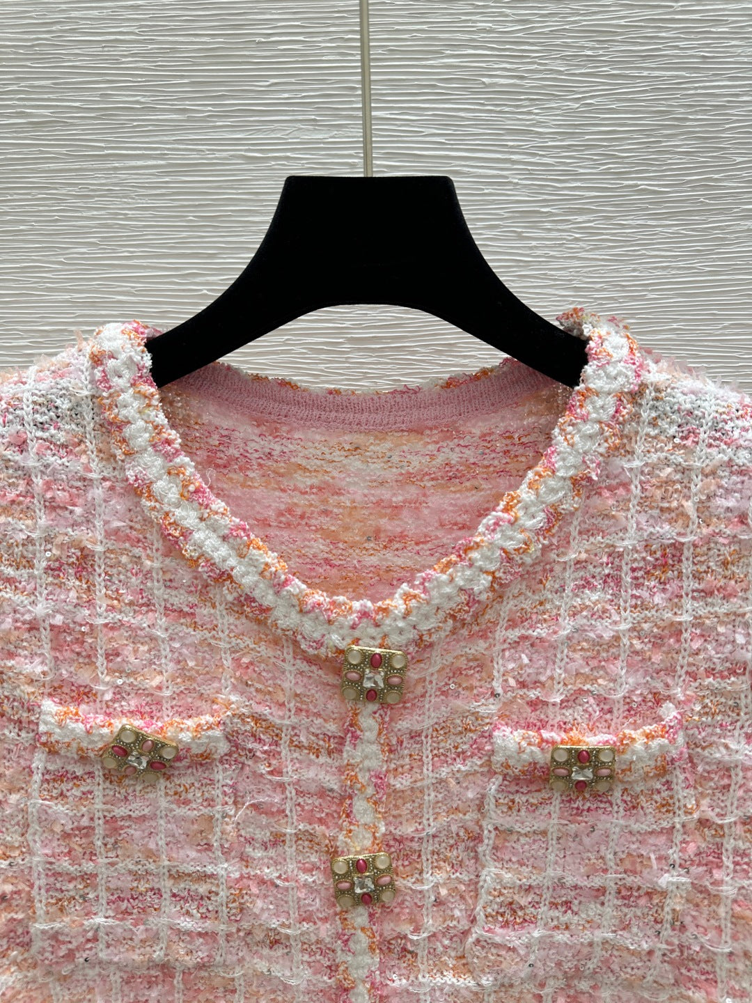 C 25 Cardigan Color Blocking Pink Square Knit Short Sleeve