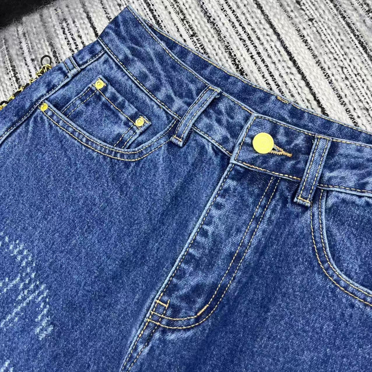 Jacquard logo denim straight leg pants