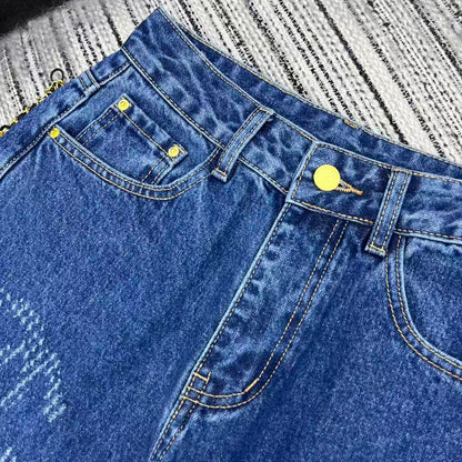 Jacquard logo denim straight leg pants