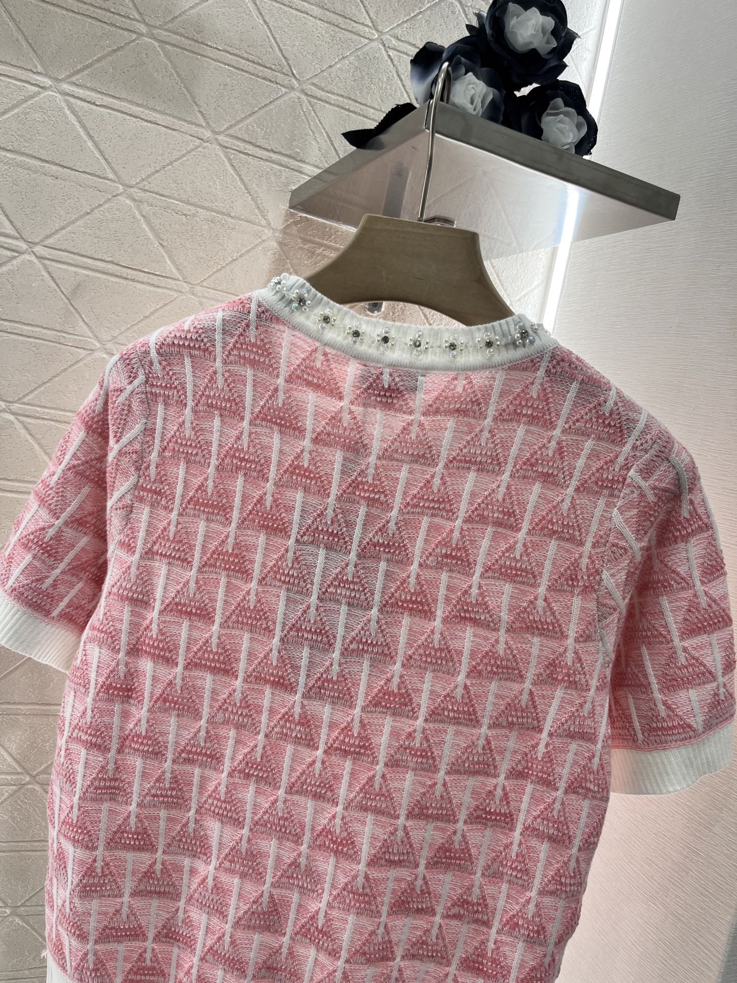 C 25 Rhinestone Neckline Crochet pink Knit Short Sleeve