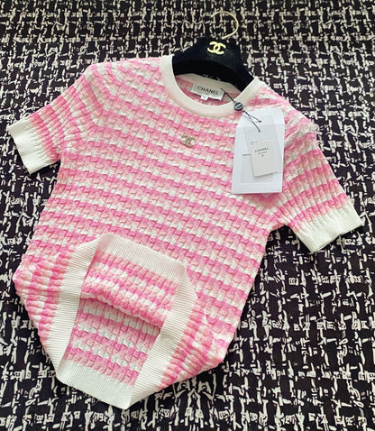 C 25 Pink Square Textured Knit Short Sleeve