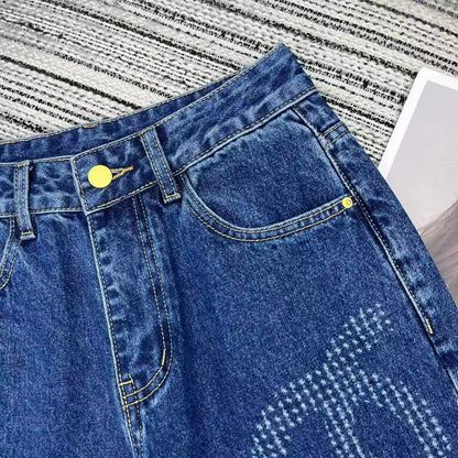 Jacquard logo denim straight leg pants