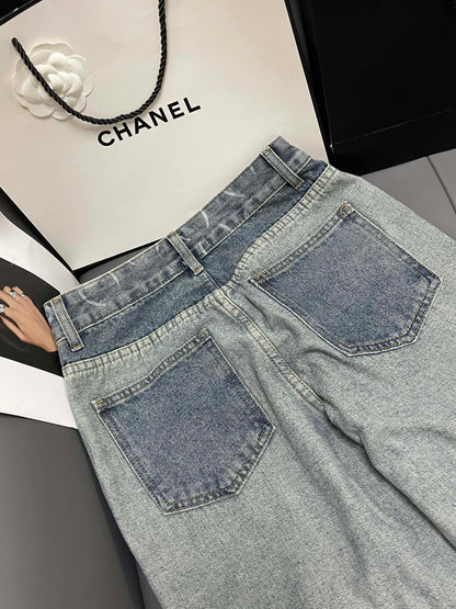 C 24 Light grey all-over print paneled denim trousers