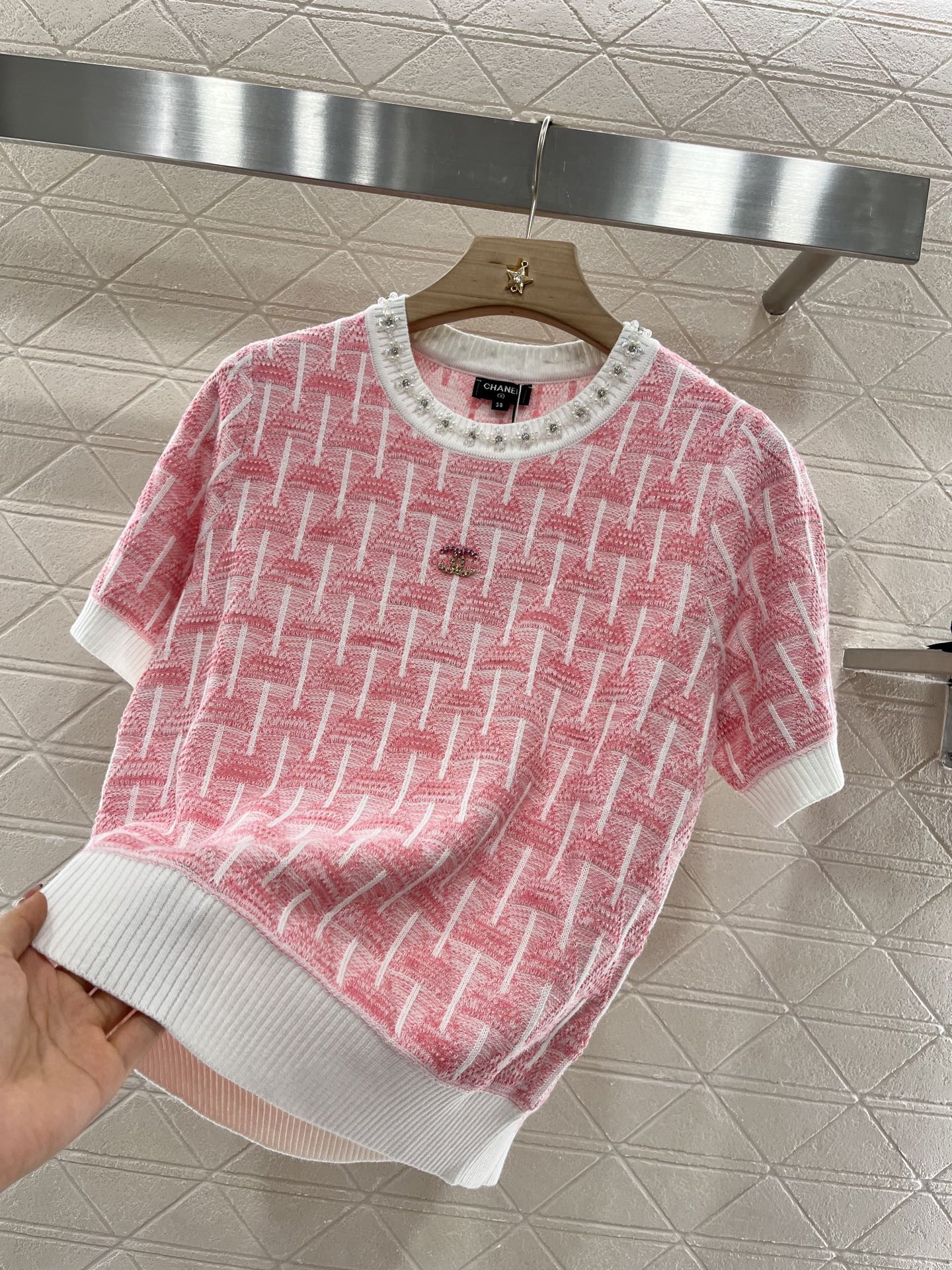C 25 Rhinestone Neckline Crochet pink Knit Short Sleeve