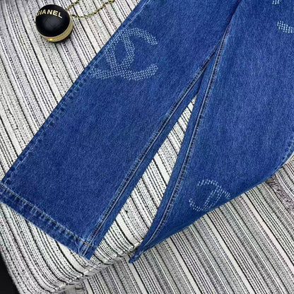 Jacquard logo denim straight leg pants