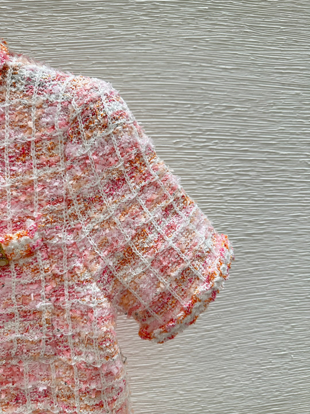 C 25 Cardigan Color Blocking Pink Square Knit Short Sleeve