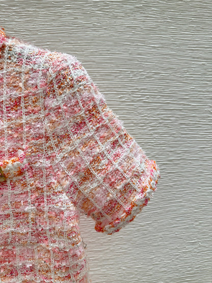 C 25 Cardigan Color Blocking Pink Square Knit Short Sleeve