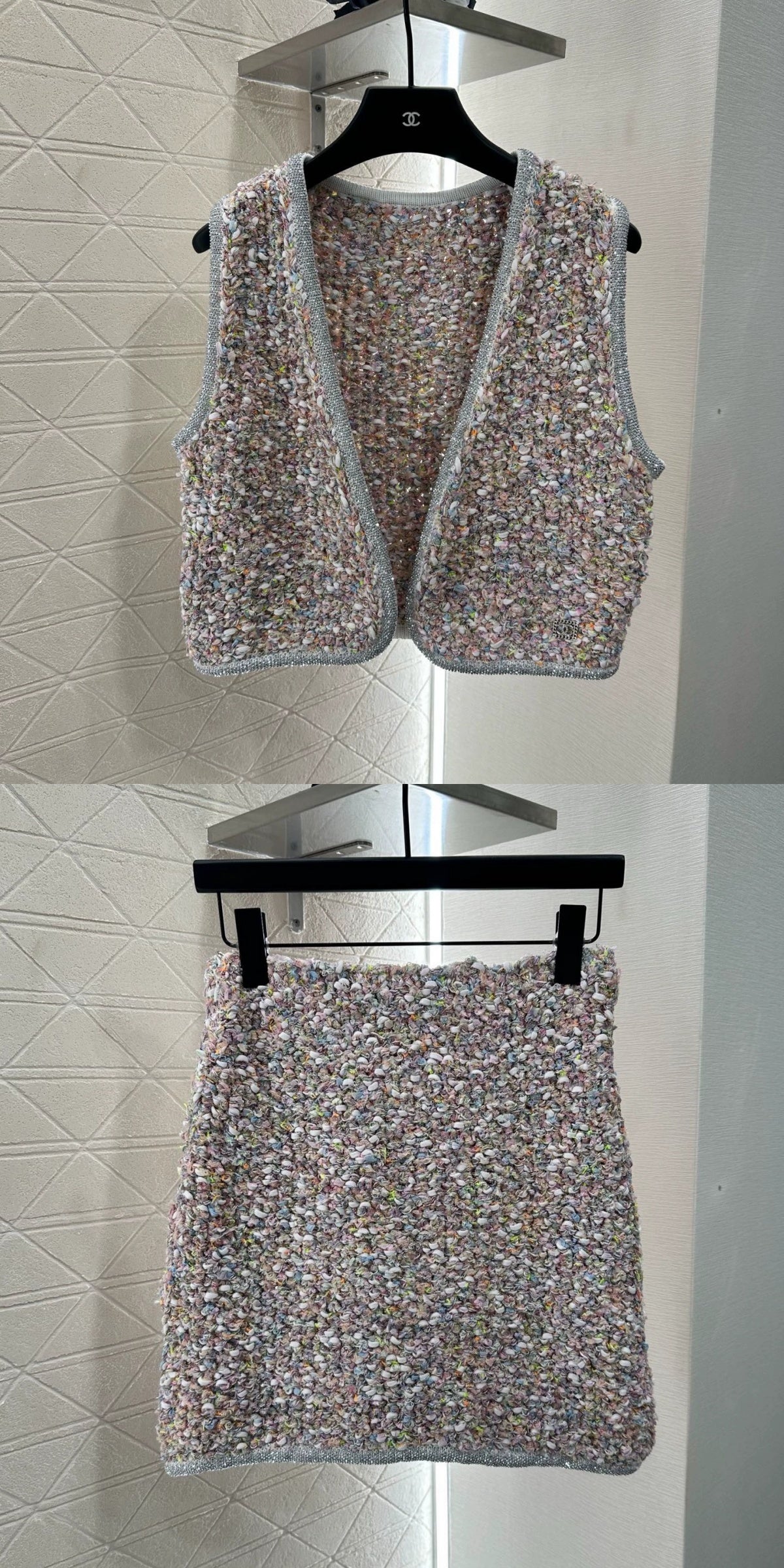 C 25 Knitted dress, vest, and skirt set.