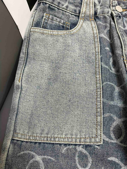 C 24 Light grey all-over print paneled denim trousers