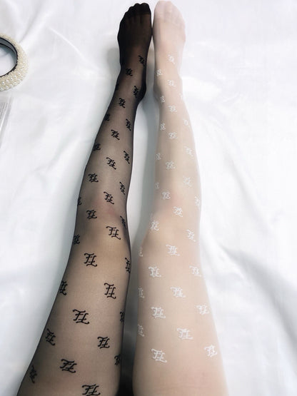 F Flocked wave letter stockings