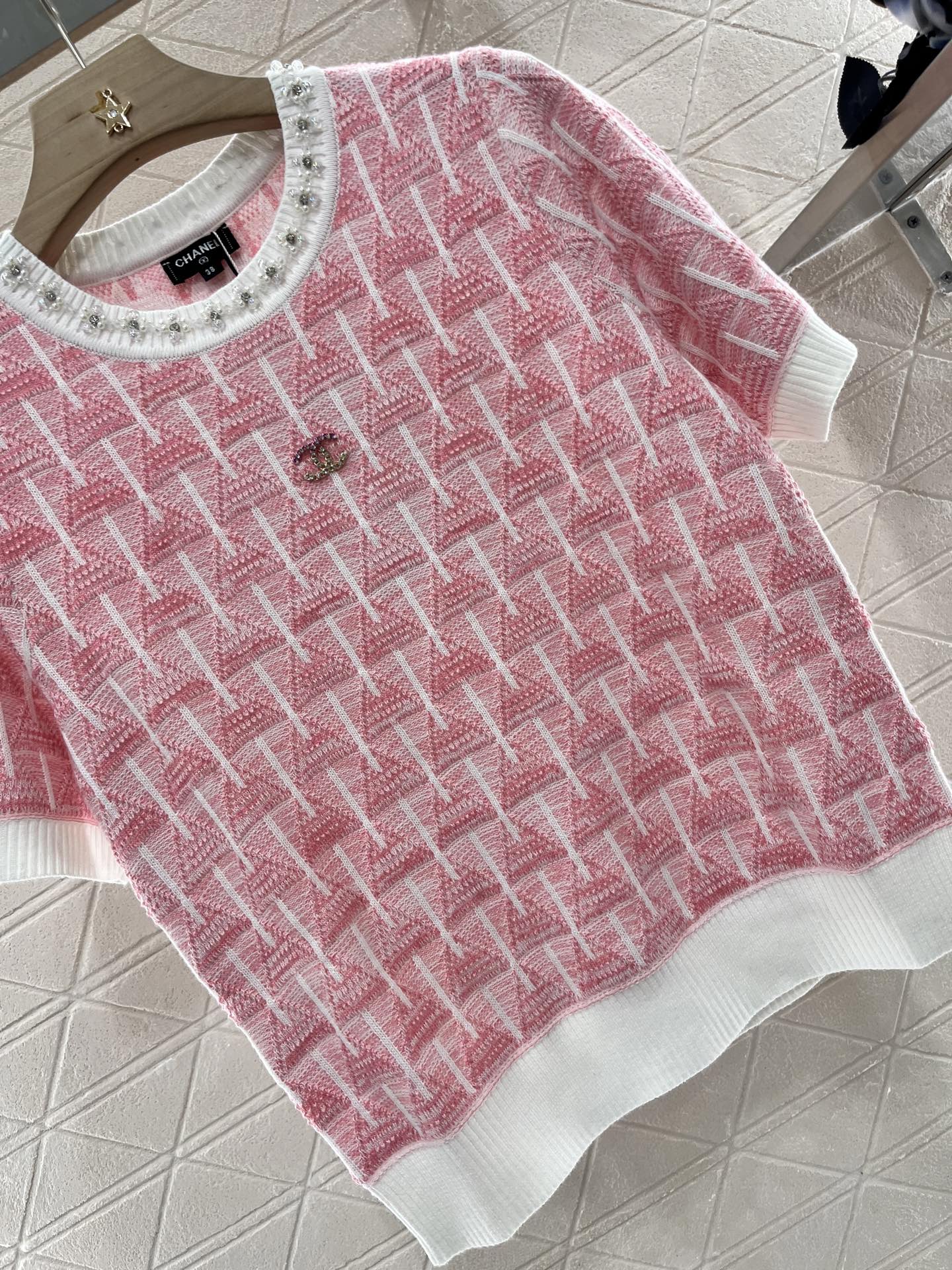 C 25 Rhinestone Neckline Crochet pink Knit Short Sleeve