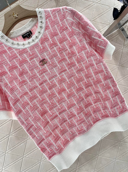C 25 Rhinestone Neckline Crochet pink Knit Short Sleeve