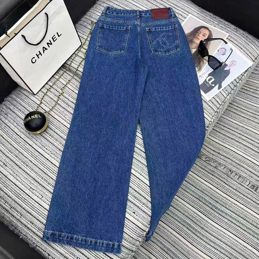 Jacquard logo denim straight leg pants