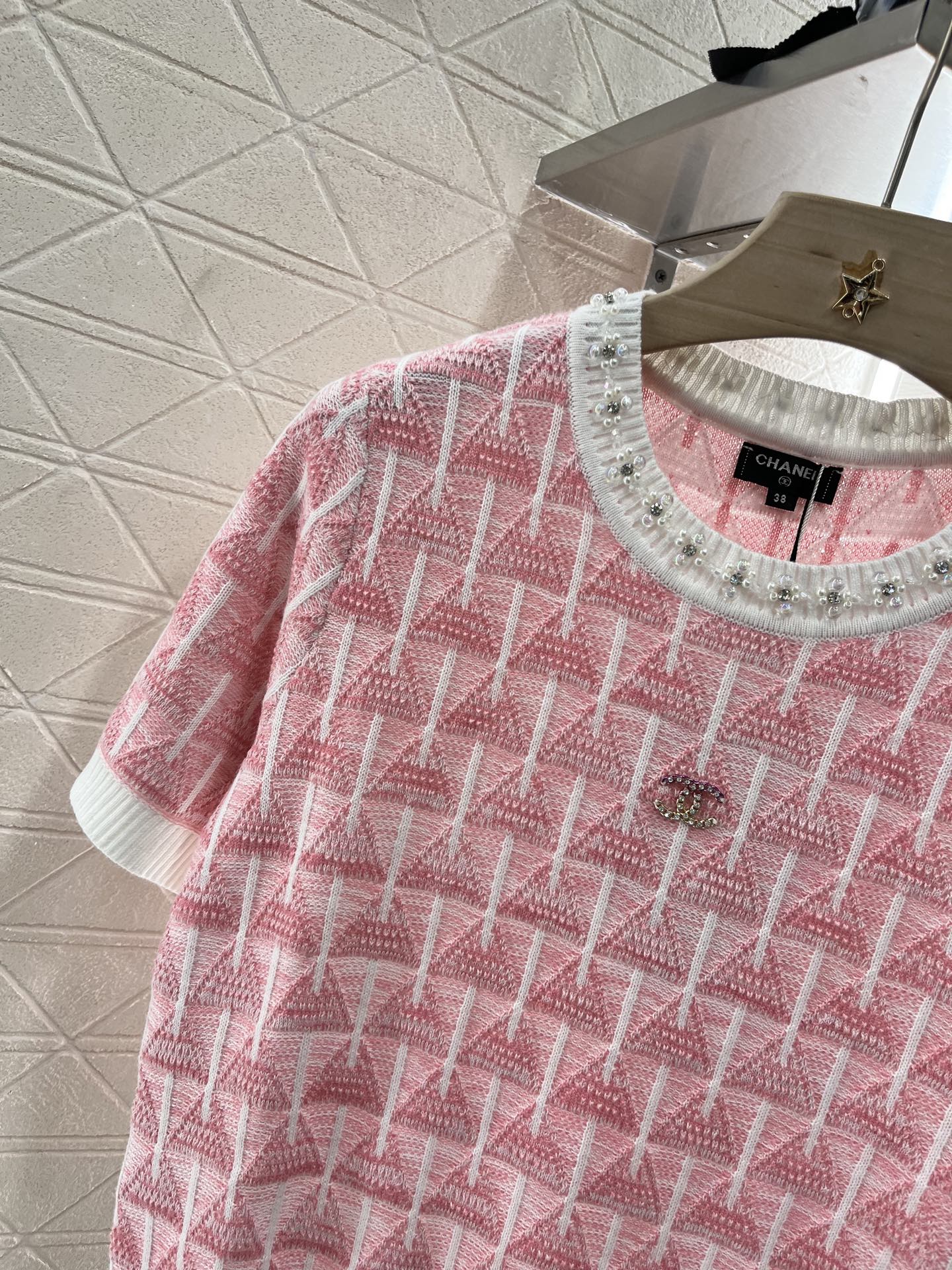 C 25 Rhinestone Neckline Crochet pink Knit Short Sleeve