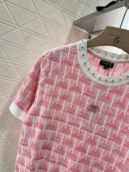 C 25 Rhinestone Neckline Crochet pink Knit Short Sleeve