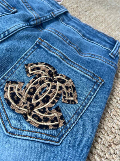 C 25 Leopard print double logo stretch flared pants with back pockets