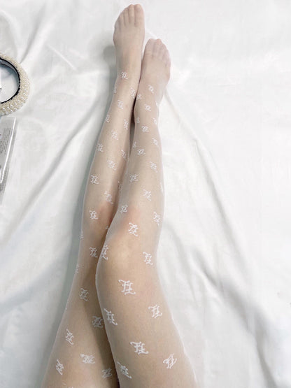 F Flocked wave letter stockings