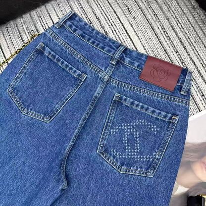 Jacquard logo denim straight leg pants