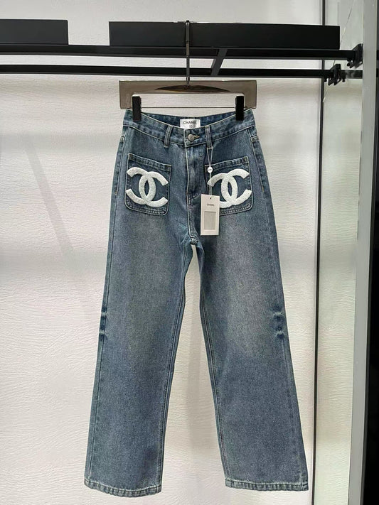 NEW Early autumn pocket towel embroidered denim trousers