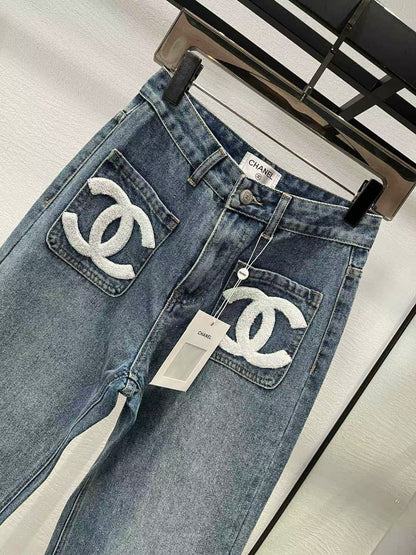 NEW Early autumn pocket towel embroidered denim trousers